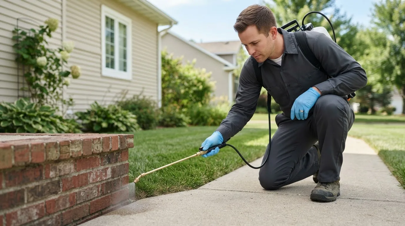 Pest control technician treating a home near Francesville, IN