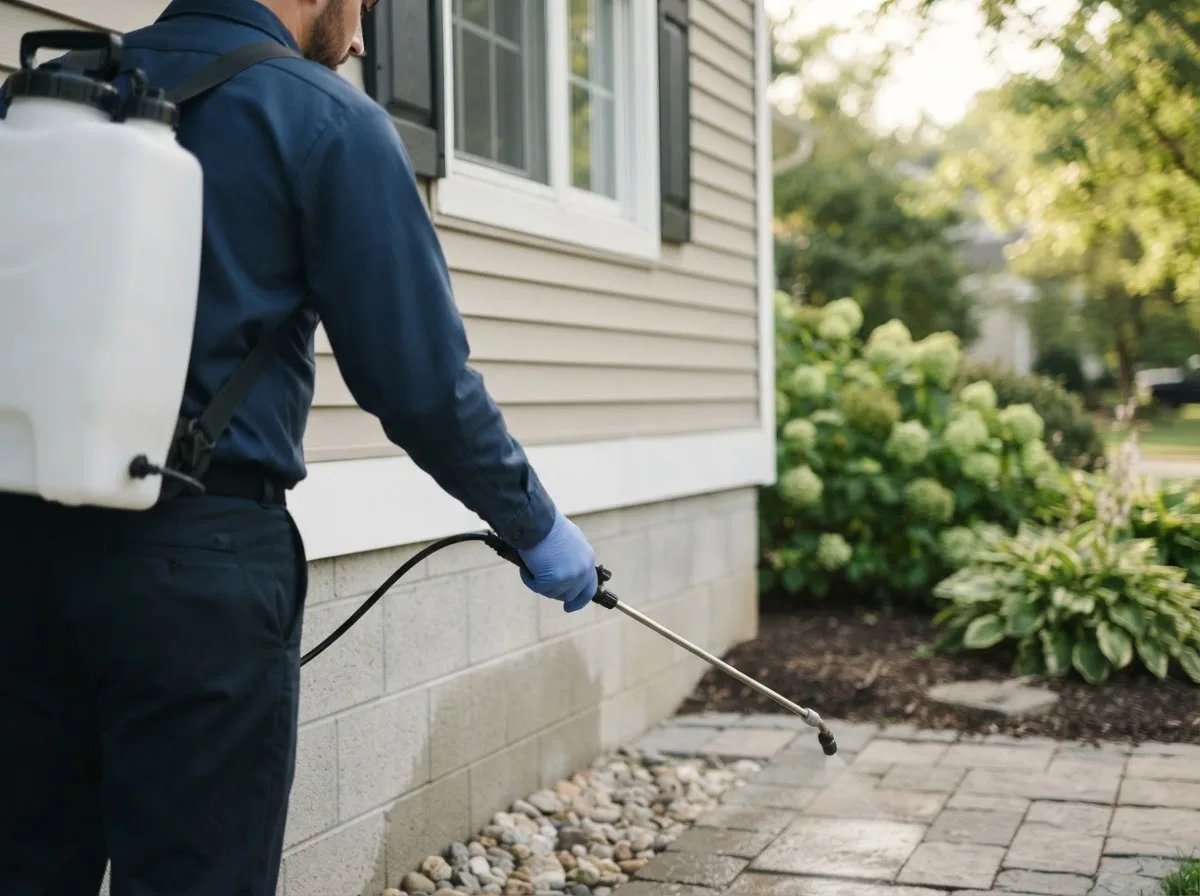 Pest control technician inspecting a home in Francesville, IN